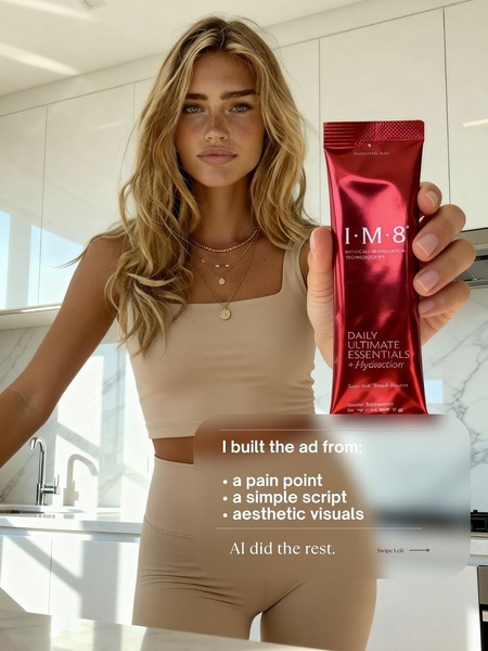 A clean, high-aesthetic visual featuring a person holding a branded supplement packet with minimal text overlay.
